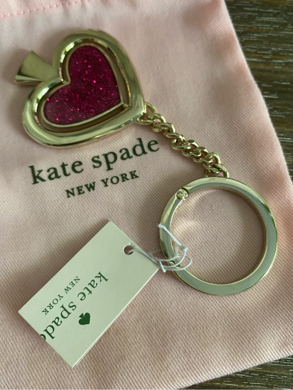kate spade Sparkling Heart Reversible  Keychain Charm Gold Silver Pink Sparkle